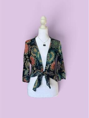 Black & multi-coloured floral print blouse with tie front